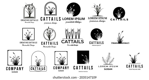 Set Of Cattails Or Cat Tail Line Art Minimalist Vector Logo Icon Illustration Design