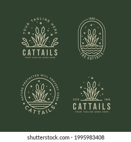 set of cattails reeds minimalist line art badge logo icon template vector illustration design. simple modern nature, environment, and botanical bundle emblem logo concept inspiration