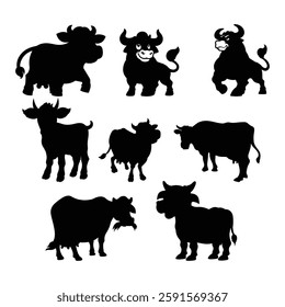 set cattle cow silhouette vector on white background