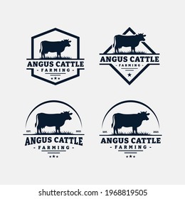 Diseño de la plantilla del logotipo de la granja de ganado bovino. Vector de insignia de la angus negra vintage.