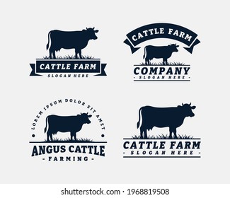 Set of cattle farm logo template design. Vintage black angus badge vector.