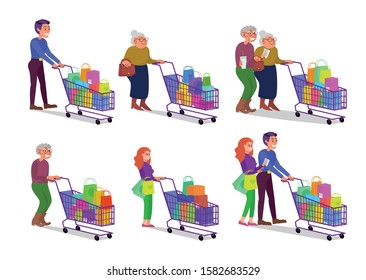 Set of caucasian adult and retired couples walking with shopping cart full of purchases. Happy smiling man and woman in shop. Flat style stock vector illustration, isolated on white background.