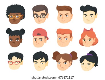 Set of Caucasian, African and Asian kids angry faces. Emoji cartoons with kids angry heads isolated on white background. Vector cartoon illustration.