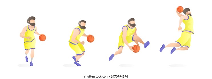 Set of Caucasian basketball player dribble, jump and slam dunk the ball vector - Flat illustration. 