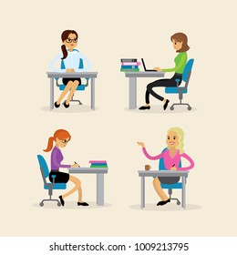 Set of caucasian businesswoman in the workplace in various poses,flat vector illustration