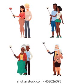 Set of caucasian and dark skinned young and elder couples taking selfie, cartoon style vector illustration. Young and old couples of men and women taking pictures of themselves