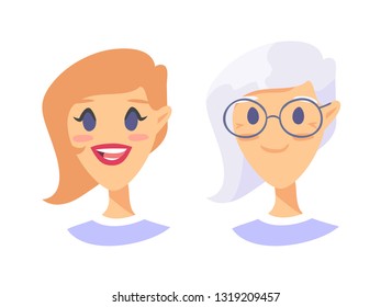 Set of caucasian female characters. Cartoon style elderly and young people icons.  