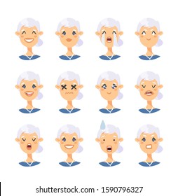 Set of caucasian female emotional characters. Cartoon style people emoticon icons. Holiday elderly  guys avatars. Flat illustration women faces. Hand drawn vector drawing emoji portraits