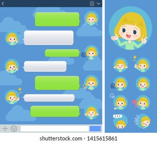 A set of Caucasian girl with expresses various emotions on the SNS window.There are variations of emotions such as joy and sadness.It's vector art so it's easy to edit.

