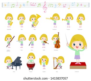 A set of Caucasian girl on classical music performances.There are actions to play various instruments such as string instruments and wind instruments.It's vector art so it's easy to edit.
