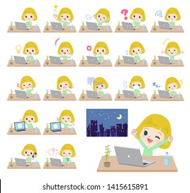 A set of Caucasian girl on desk work.There are various actions such as feelings and fatigue.It's vector art so it's easy to edit.
