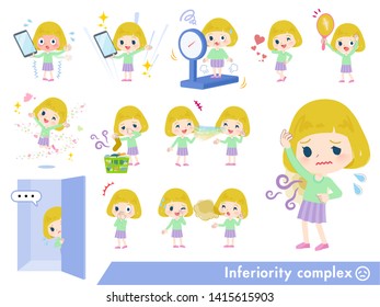 A set of Caucasian girl on inferiority complex.There are actions suffering from smell and appearance.It's vector art so it's easy to edit.
