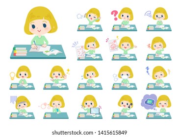 A set of Caucasian girl on study.There are various emotions and actions.It's vector art so it's easy to edit.
