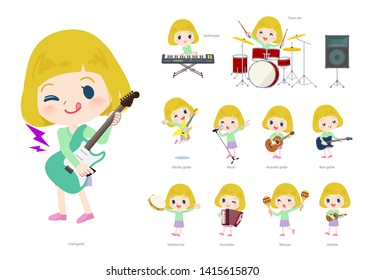 A set of Caucasian girl playing rock 'n' roll and pop music.There are also various instruments such as ukulele and tambourine.It's vector art so it's easy to edit.
