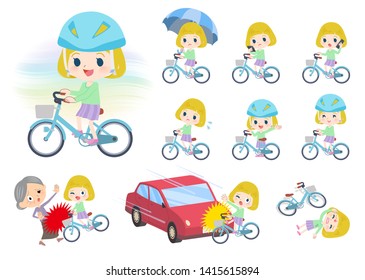 A set of Caucasian girl riding a city cycle.There are actions on manners and troubles.It's vector art so it's easy to edit.
