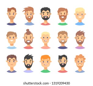 Set of caucasian male characters. Cartoon style european or american people icons.  