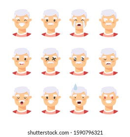 Set of caucasian male emotional characters. Cartoon style people emoticon icons. Holiday elderly  guys avatars. Flat illustration men faces. Hand drawn vector drawing emoji portraits