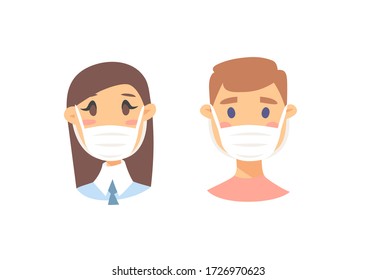 Set of caucasian male and female characters. Cartoon masked people icons. Isolated Euromean guys avatars. Flat illustration protected men and women faces. Hand drawn vector drawing safe girls and boys