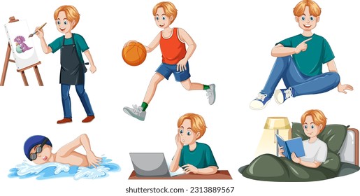 Conjunto de hombres caucásicos con una ilustración de actividad diferente