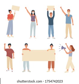 Set of caucasian modern people protesting. Holding a placard banner. Speaking in megaphone. Collection of protesters riot manifestation. Male and female raised hand fist up. Flat vector illustration 