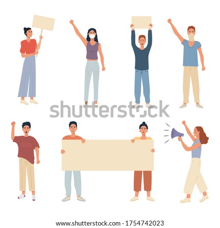 Set of caucasian modern people protesting. Holding a placard banner. Speaking in megaphone. Collection of protesters riot manifestation. Male and female raised hand fist up. Flat vector illustration 