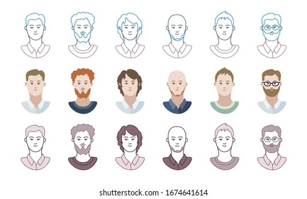 Set of caucasian white male avatars for different ethic backgrounds 