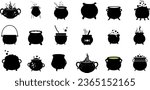 Set of Cauldrons for Halloween Vector Illustration, Some of the cauldrons have bubbling potions inside, while others are empty. The cauldrons are sitting on a white background