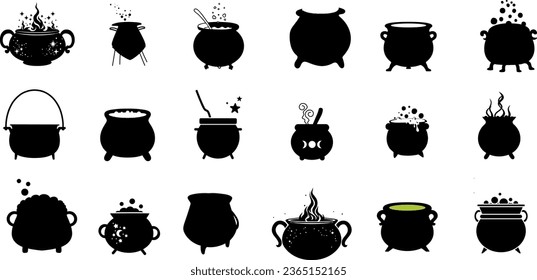 Set of Cauldrons for Halloween Vector Illustration, Some of the cauldrons have bubbling potions inside, while others are empty. The cauldrons are sitting on a white background