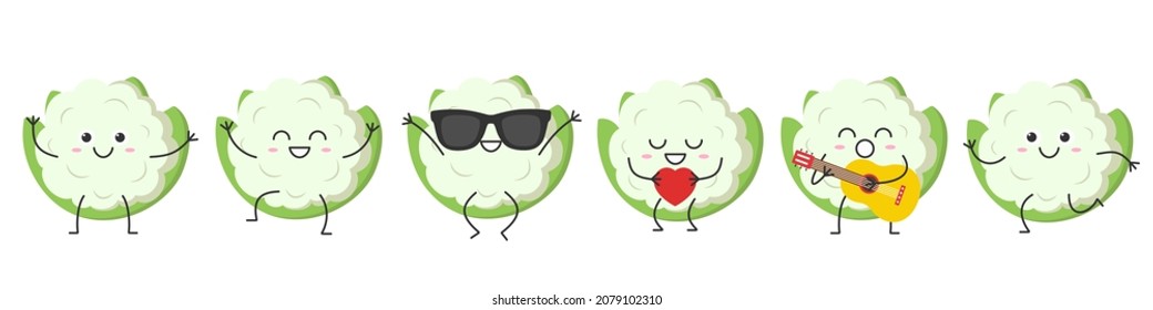 Set cauliflower cute character cartoon greeting jumping loves sings running smiling face happy joy vegetable cabbage emotions icon vector illustration.