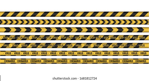 Set of caution, Corona Virus 2020, attention line. Black and yellow line striped. Virus infections. Coronavirus (2019-nCoV). Virus Covid 19-NCP. Virus cells