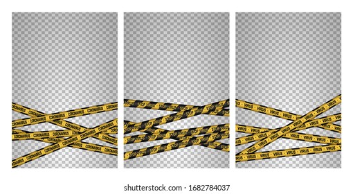 Set of caution, Corona Virus 2020, attention line. Black and yellow line striped. Virus infections. Coronavirus (2019-nCoV). Virus Covid 19-NCP. Virus cells