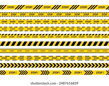 Set of caution crime scene bands. Yellow black tape with Stop text. Warning barrier ribbons for danger places. Seamless striped boundary lines. Do not cross police road sign. Vector illustration.