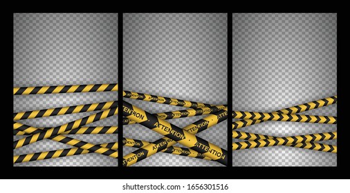 Set of caution, danger, warning, attention, police tapes, sign, line. Black and yellow line striped.