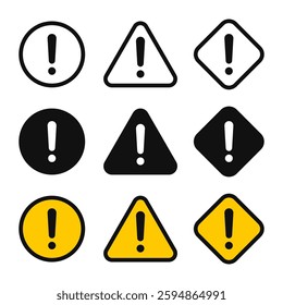 Set of caution icons. Alert warning. Caution sign. Black and white and yellow vector icons