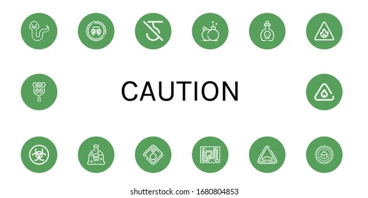 Juego de iconos de precaución. Tales como Serpiente, Señal de tráfico, No use gancho, Bomba, Veneno, Señal de incendio, Biopeligrosidad, Señal de alto, Bomba, Malware, Carretera inflamable , iconos de precaución