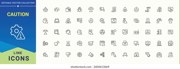 Set of Caution line icon. Contains outline symbols like exclamation, siren, signal, danger and more. Alerts simple icon. Minimal icons set. Vector illustration. Pixel perfect.