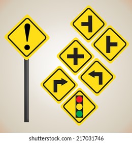 Set of caution road signs