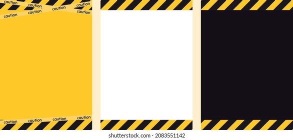 Set of caution safety banners. Black yellow white striped vertical poster. Caution safety template. Stripe yellow black tape. Hazard warning Yellow black diagonal stripes, lines. Vector illustration.