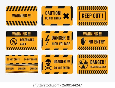 Set of caution sign. Warning symbol, chemical sign, danger sign, high voltage symbol.