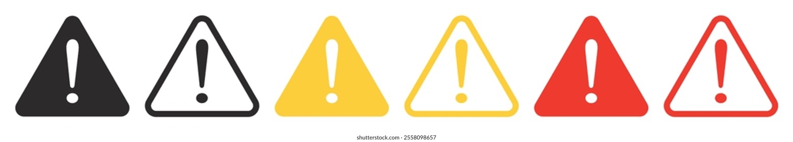 Set of caution signs. Caution alarm, fatal error message, exclamation mark. Triangle and circle warning, alert symbol. Vector. EPS10.