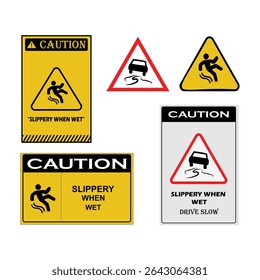 A set of caution signs showing “Slippery When Wet” warnings with falling person icons. Ideal for floors, workplaces, restrooms, cleaning zones, and industrial or public safety areas.