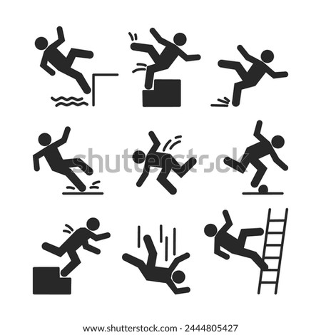 Set of caution symbols with falling stick figure man. He falls down the stairs and over the edge. Wet floor, stuck on stairs. Workplace safety