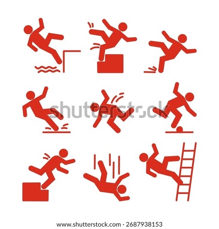 Set of caution symbols with falling stick figure man. He falls down the stairs and over the edge. Wet floor, stuck on stairs. Workplace safety