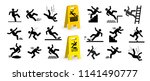 Set of caution symbols with stick figure man falling. Falling down the stairs and over the edge. Wet floor, tripping on stairs. Workplace safety. Vector illustration. Isolated on white background