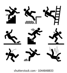 Set of caution symbols with stick figure man falling. Falling down the stairs and over the edge. Wet floor, tripping on stairs. Workplace safety. Vector illustration. Isolated on white background