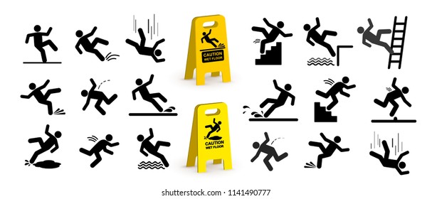 Set of caution symbols with stick figure man falling. Falling down the stairs and over the edge. Wet floor, tripping on stairs. Workplace safety. Vector illustration. Isolated on white background