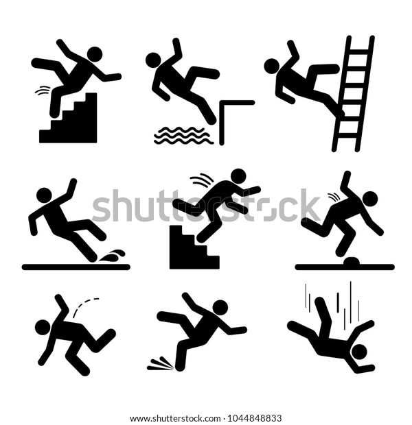Set of caution symbols with stick figure man\
falling. Falling down the stairs and over the edge. Wet floor,\
tripping on stairs. Workplace safety. Vector illustration. Isolated\
on white background