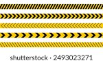 Set of caution tapes with black and yellow diagonal slashes or chevron print. Warning borders in construction work zone or crime scene. Danger, attention or forbidden signs. Vector flat illustration.