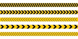 Set of caution tapes with black and yellow diagonal slashes or chevron print. Warning borders in construction work zone or crime scene. Danger, attention or forbidden signs. Vector flat illustration.