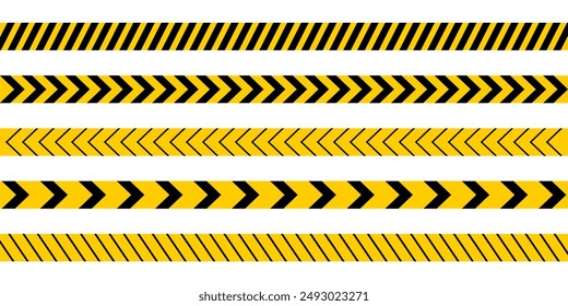 Conjunto de cintas de precaución con barras diagonales negras y amarillas o impresión de cheurón. Aviso de fronteras en la zona de trabajo de construcción o escena del crimen. Peligro, atención o señales prohibidas. Ilustración plana de Vector.